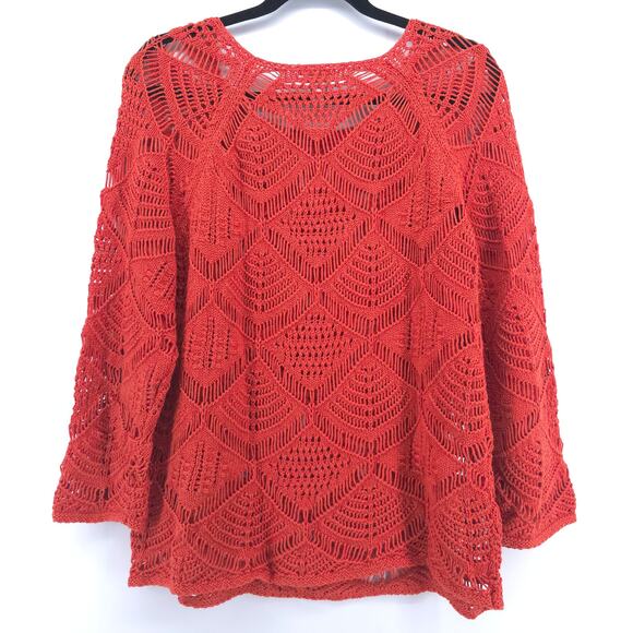 CHICOS Boho Orange Open Lace Knit Art Deco Sweater Cropped Sleeves 2 (12/14) - Picture 10 of 13